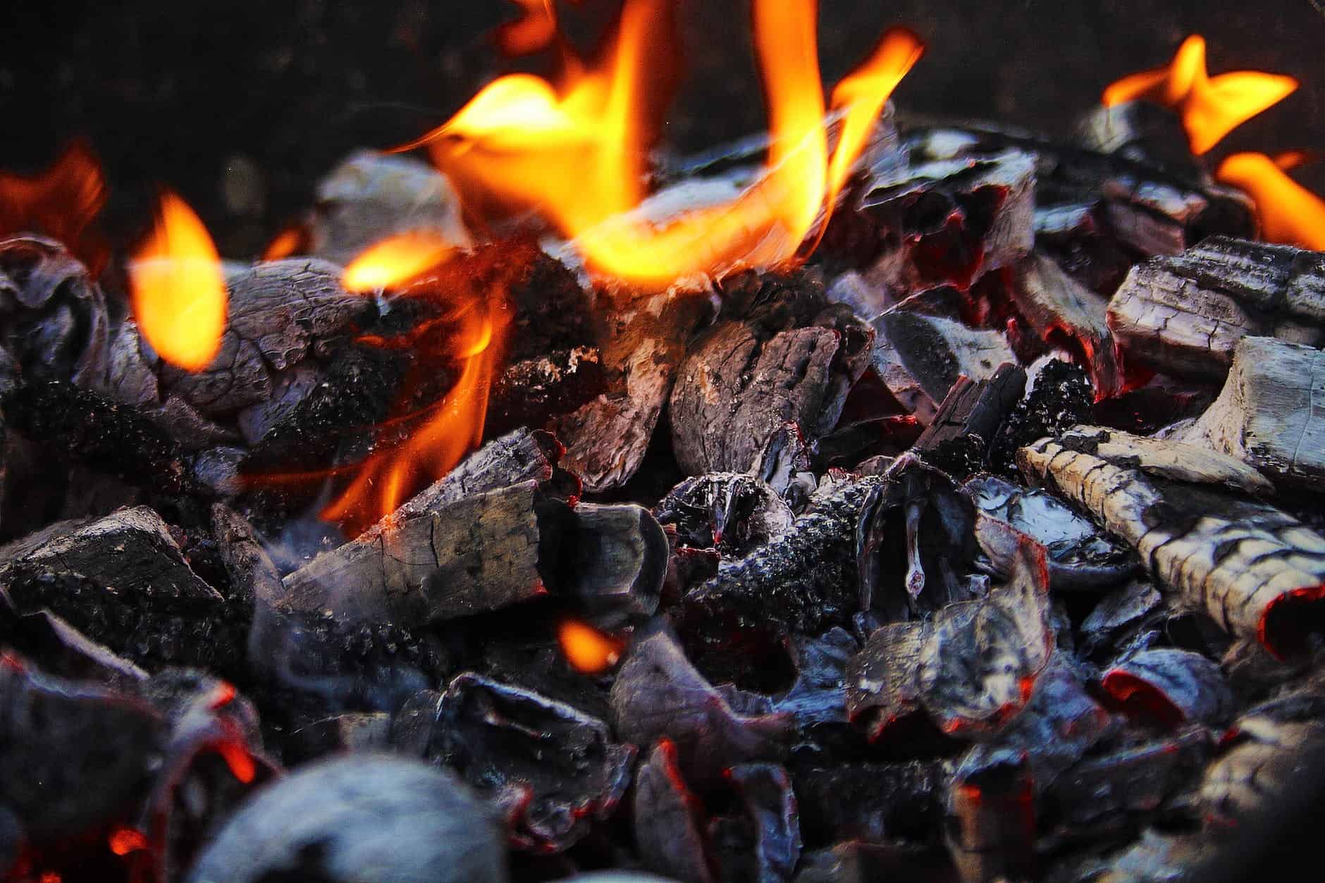 burning woods and charcoal in close up photography