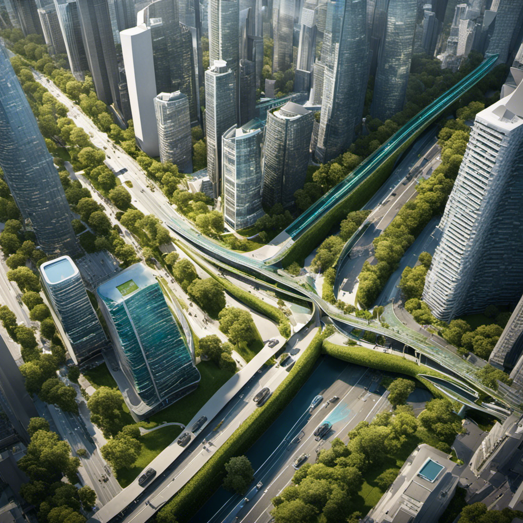 An image showcasing a bustling cityscape with dedicated cycle paths weaving through green parks, pedestrians strolling on wide walkways, and electric vehicles seamlessly sharing the road with efficient public transportation systems