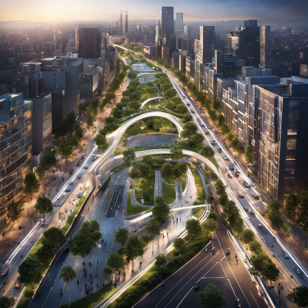 An image showcasing a modern cityscape with well-connected bicycle lanes, electric buses, charging stations, pedestrian-friendly sidewalks, and green spaces, emphasizing the key components of a sustainable transport infrastructure for an eco-friendly future