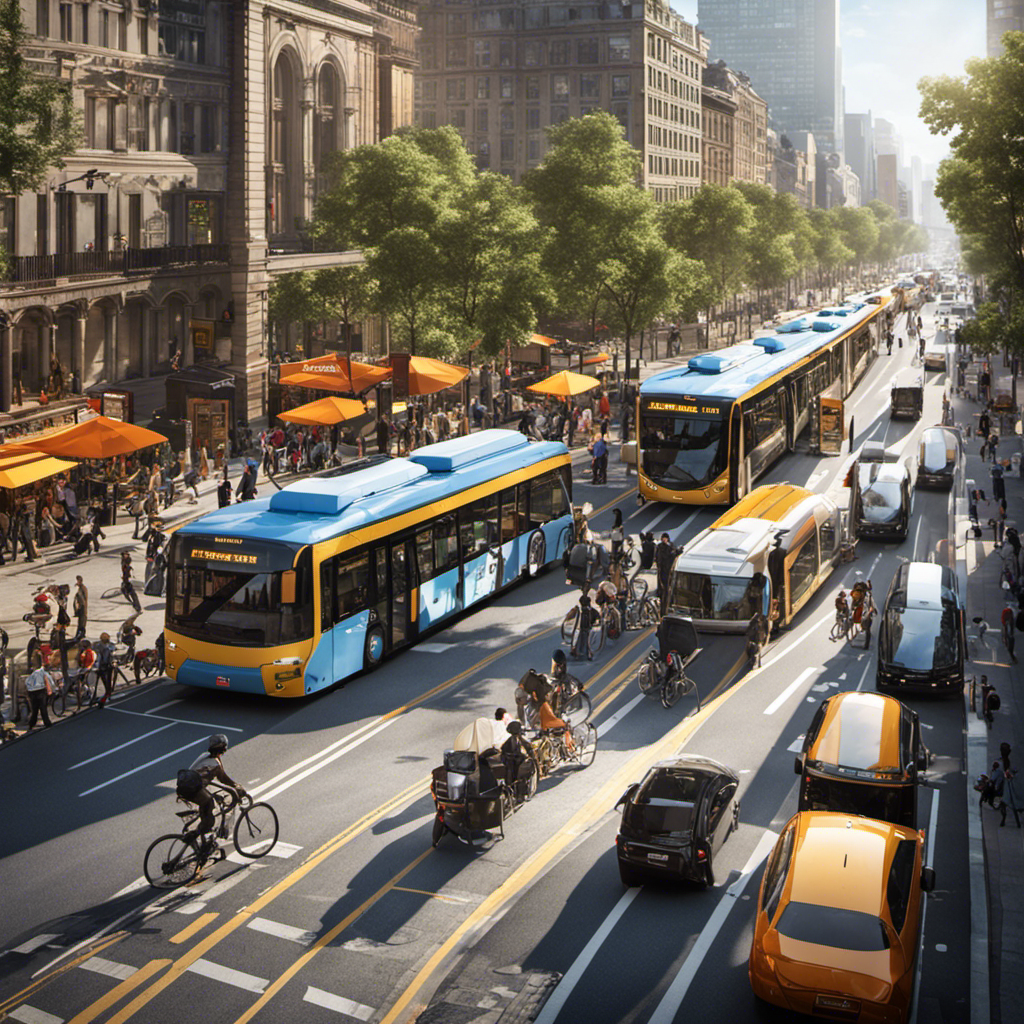 An image showcasing a bustling street with diverse transportation modes, including buses, trains, bicycles, and pedestrians