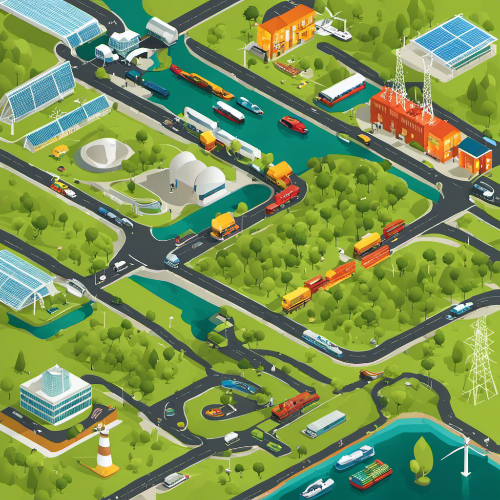 An image showcasing a diverse array of businesses engaging in sustainable practices, such as utilizing renewable energy sources, promoting green transportation, adopting energy-efficient technologies, embracing circular economy, and implementing waste reduction strategies
