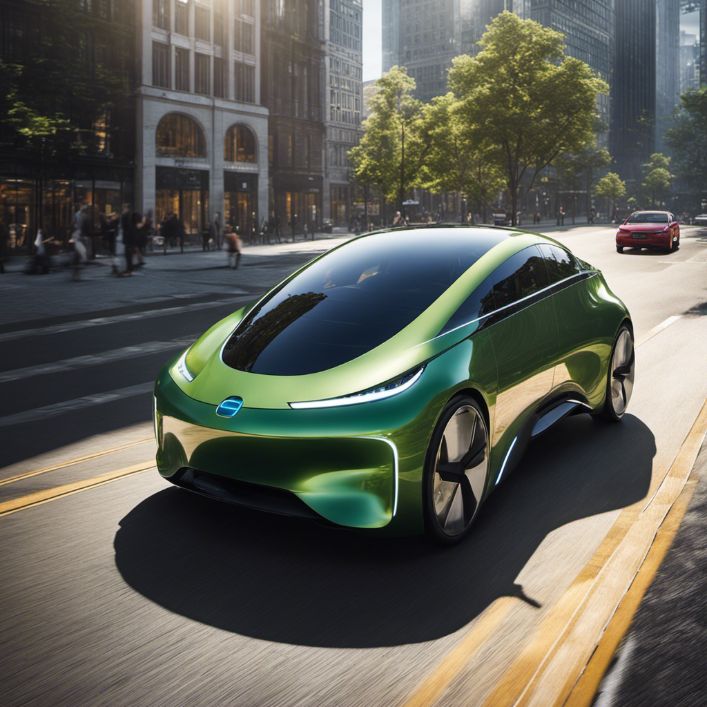 An image showcasing a sleek electric vehicle gliding down a sunlit city street, surrounded by charging stations and renewable energy sources, capturing the essence of a sustainable future