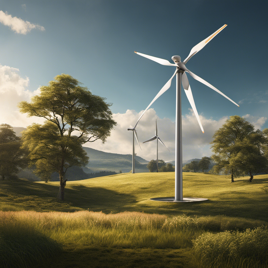 An image showcasing a compact wind turbine, standing tall in a serene countryside