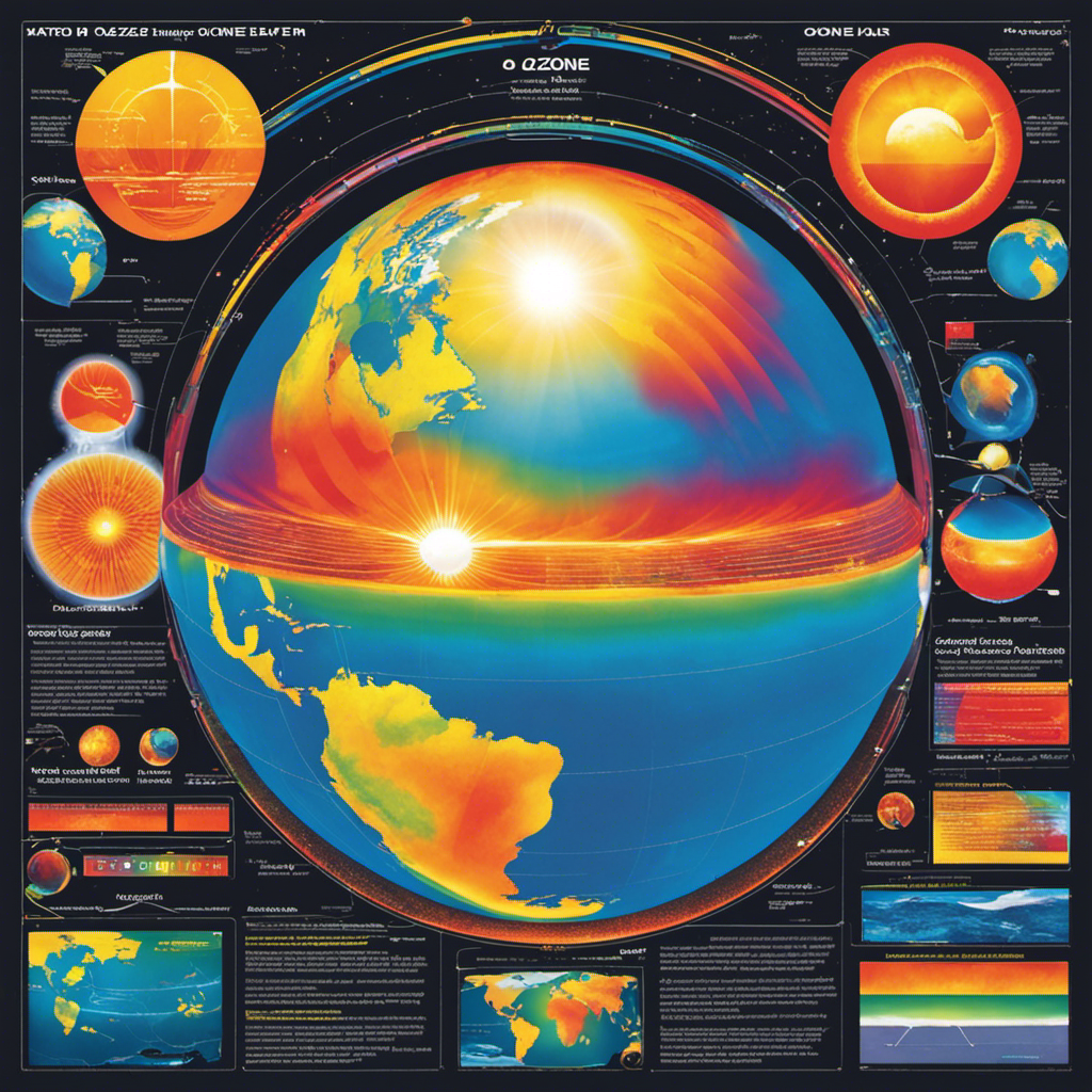 An image showcasing the ozone layer enveloping the Earth, with vibrant colors representing solar energy absorption