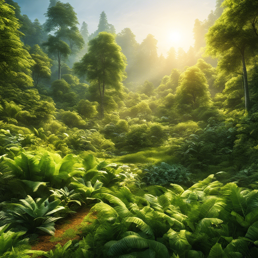 An image depicting a lush green forest bathed in sunlight, with vibrant plants and trees soaking up solar energy, visually illustrating the percentage of sunlight stored as organic material on Earth's surface