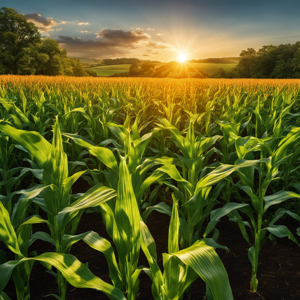 An image showcasing a lush field of tall, vibrant corn plants bathed in golden sunlight, their robust stalks and abundant leaves capturing and converting solar energy into biomass with unrivaled efficiency