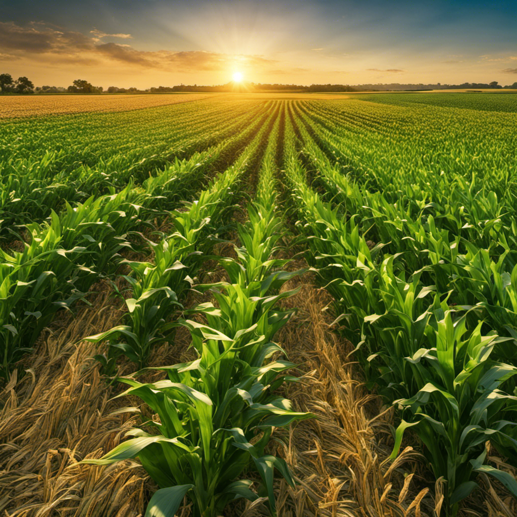 An image showcasing a thriving cornfield, basking in the golden sunlight