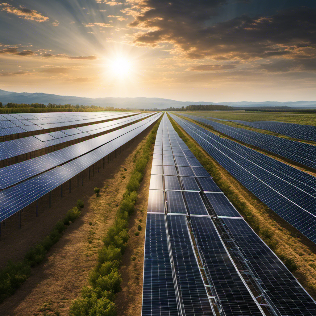An image depicting a vast solar farm with rows of sleek, high-efficiency solar panels glistening under the sun's rays