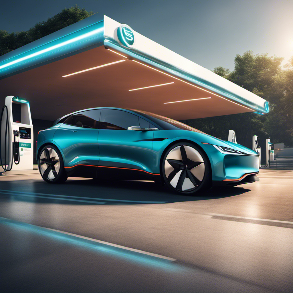 An image showcasing a sleek electric vehicle speeding past a gas station, emphasizing the advantages of EVs