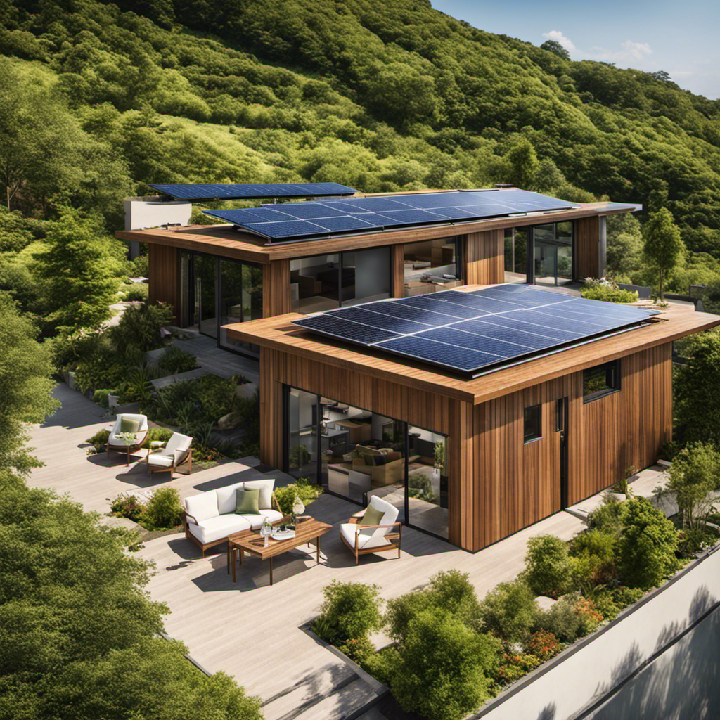 An image showcasing a sunlit residential rooftop with solar panels, surrounded by lush greenery, highlighting the cost savings, environmental benefits, and self-sufficiency offered by solar energy