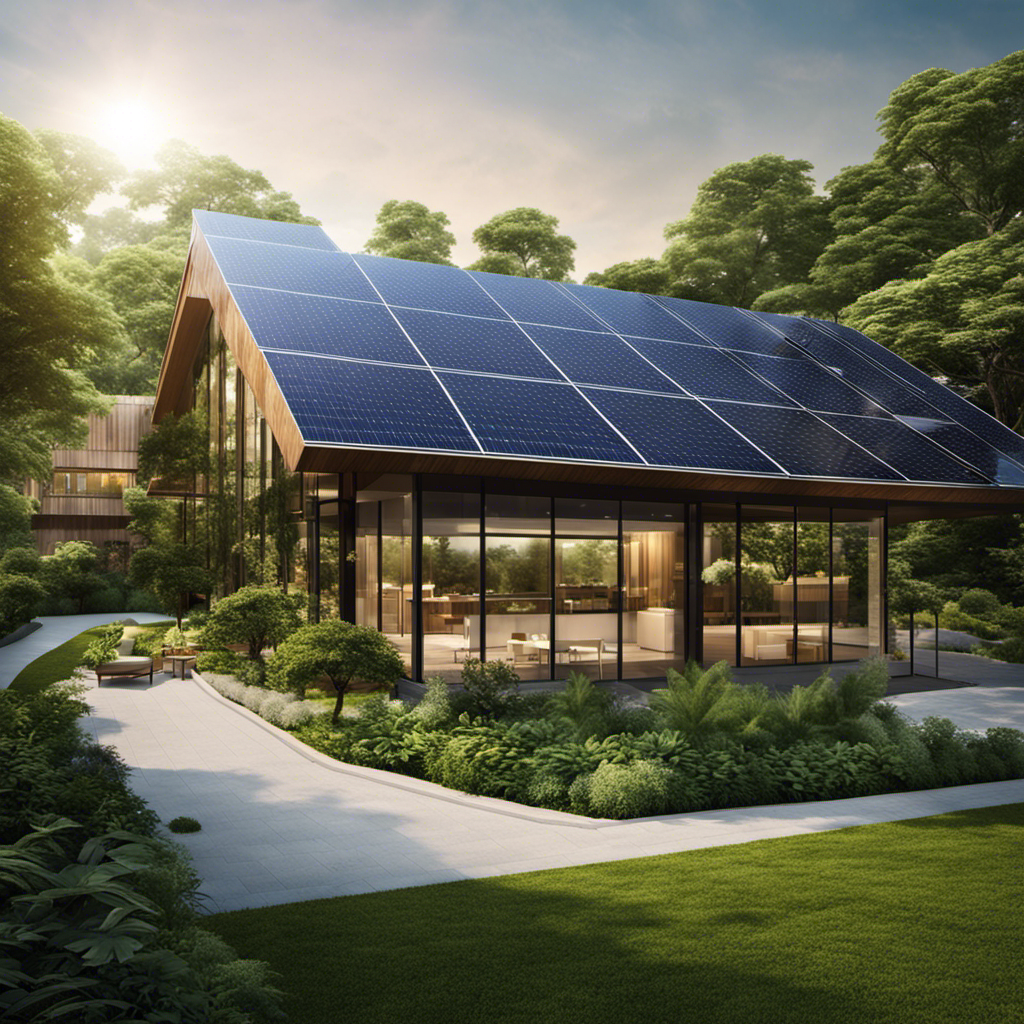 An image showcasing a commercial building with sleek solar panels covering its roof, surrounded by lush greenery