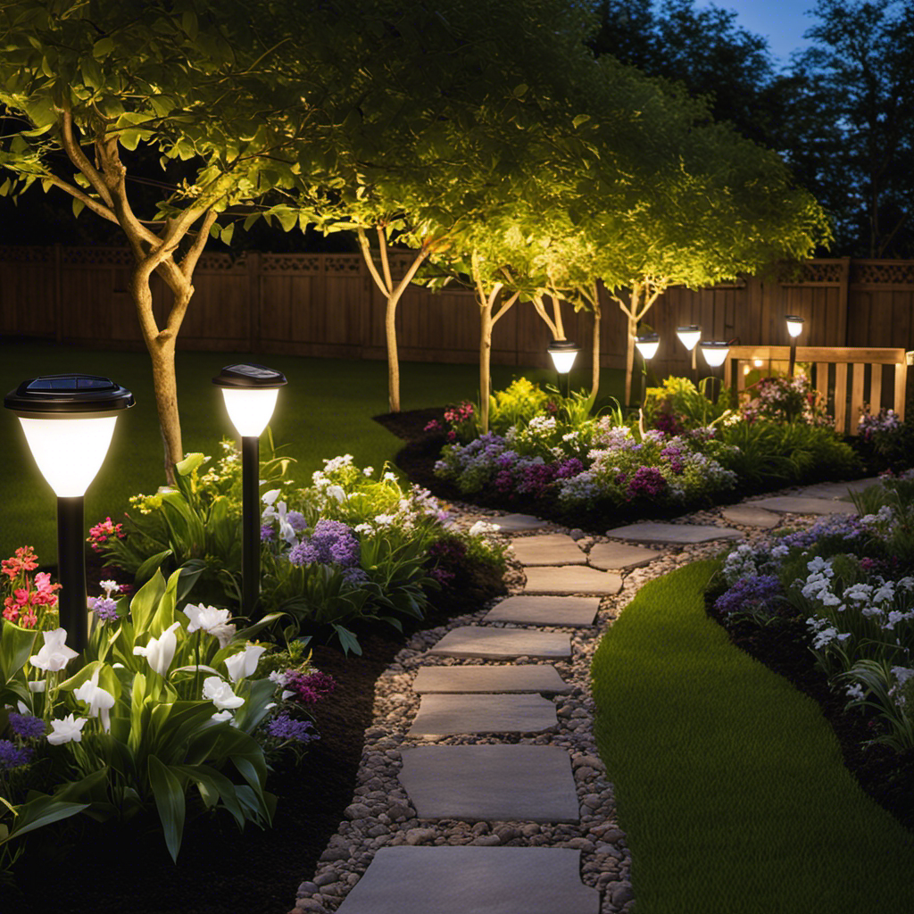 An image showcasing a beautifully lit garden at night, with solar-powered outdoor bulbs illuminating the pathway, flower beds, and patio area, highlighting the versatility and sustainability of these eco-friendly lighting solutions