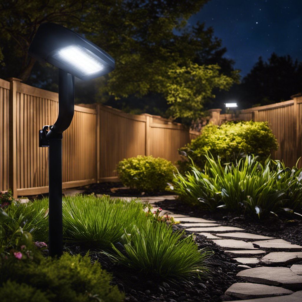 An image showcasing a well-lit backyard at night, with a solar-powered outdoor flood light mounted on a wall, illuminating a pathway as a person walks by, highlighting the advantages of motion sensor technology