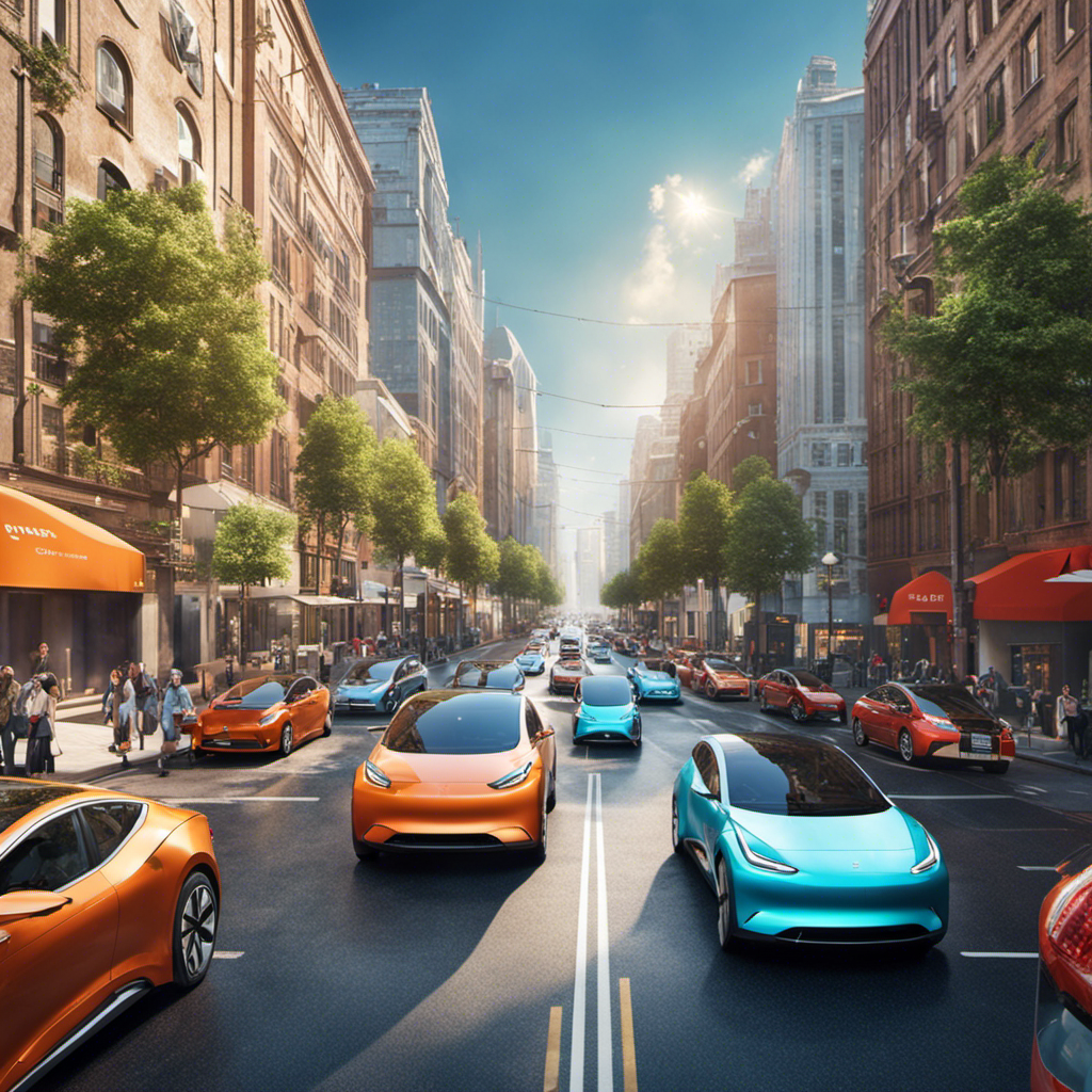 An image showcasing a bustling city street filled with sleek and vibrant electric cars, gracefully gliding along, while an array of charging stations stands prominently, symbolizing the affordability and eco-friendliness of electric vehicles