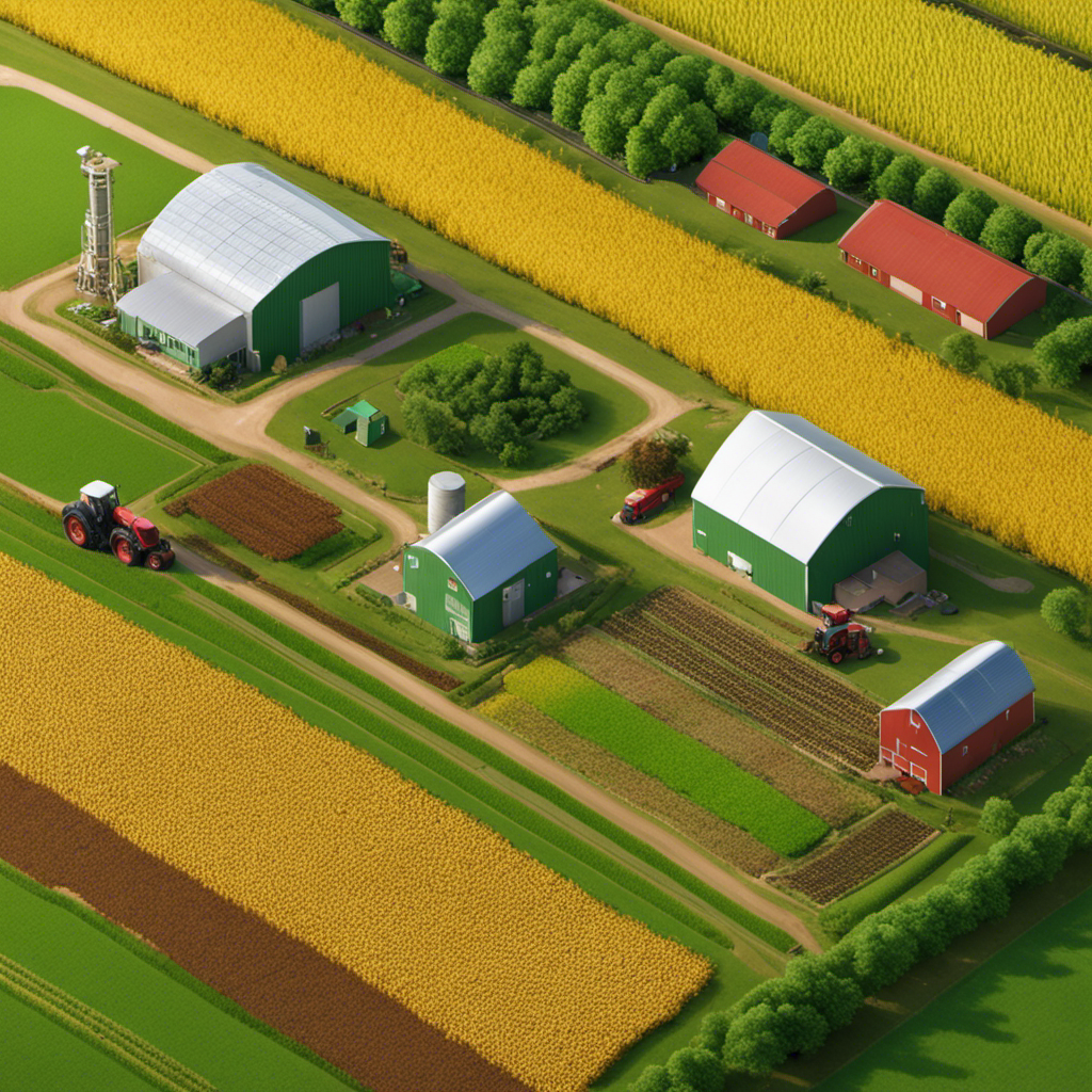 An image showcasing a lush green field, where a farmer, surrounded by abundant agricultural waste such as corn stalks and fruit peels, operates a bioenergy plant, producing clean and renewable energy for the community