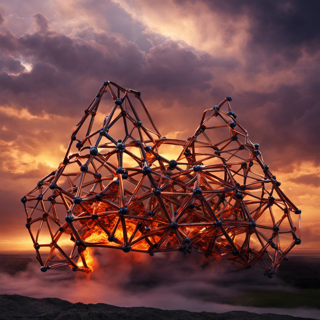An image depicting a chemical reaction where a highly energetic lattice structure breaks apart, releasing heat and forming new compounds