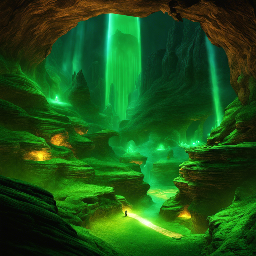 An image showcasing a vibrant underground cavern in Star Wars Galaxies, with a glowing geothermal energy source radiating an intense green hue