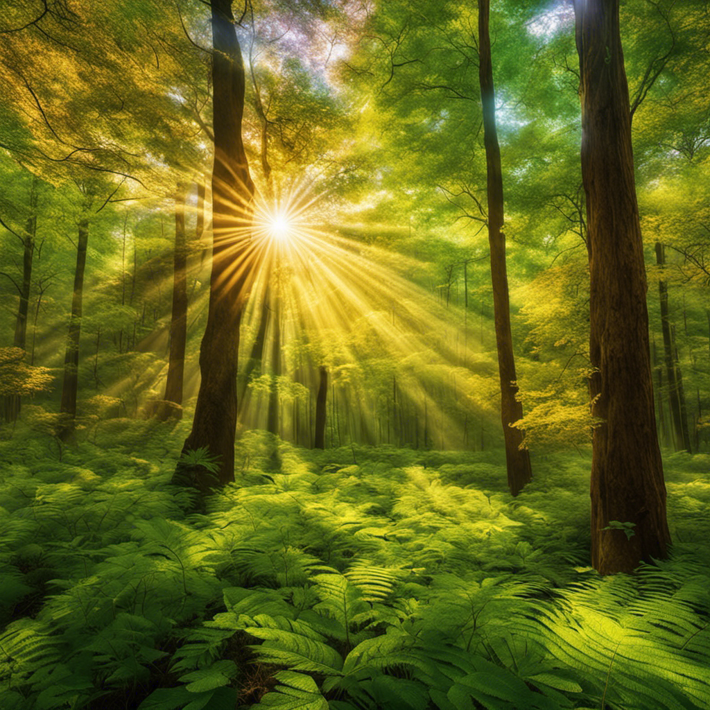 An image showcasing a vibrant forest bathed in warm sunlight, with rays penetrating through the leaves to illuminate a diverse array of photosynthesizers