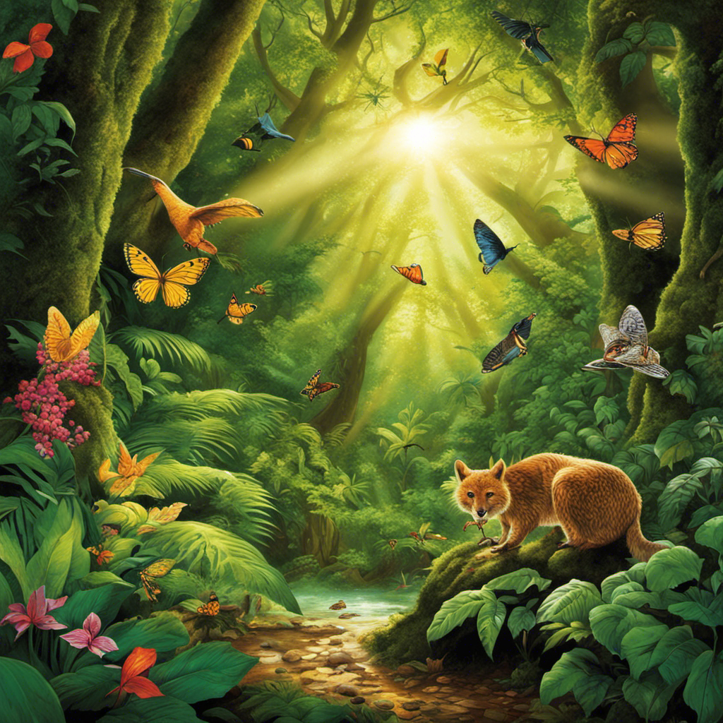An image showcasing a lush forest with sunlight filtering through the dense canopy, illuminating vibrant leaves