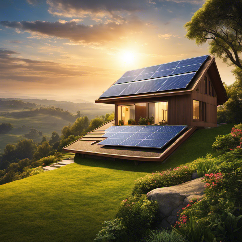 An image depicting a serene landscape showcasing a house with solar panels, positioned on a hilltop