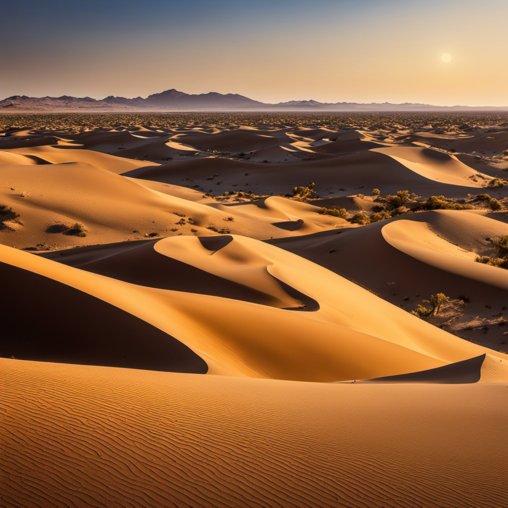 An image showcasing a vibrant desert landscape with vast stretches of golden sand dunes, bordered by a cloudless azure sky