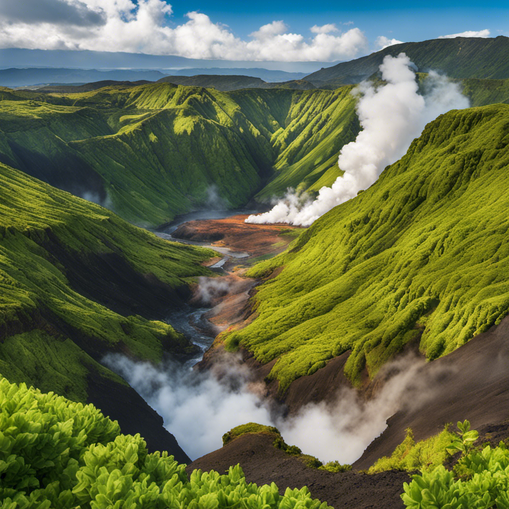 An image showcasing a vast expanse of rugged volcanic terrain, with steam rising from geothermal vents amidst lush vegetation