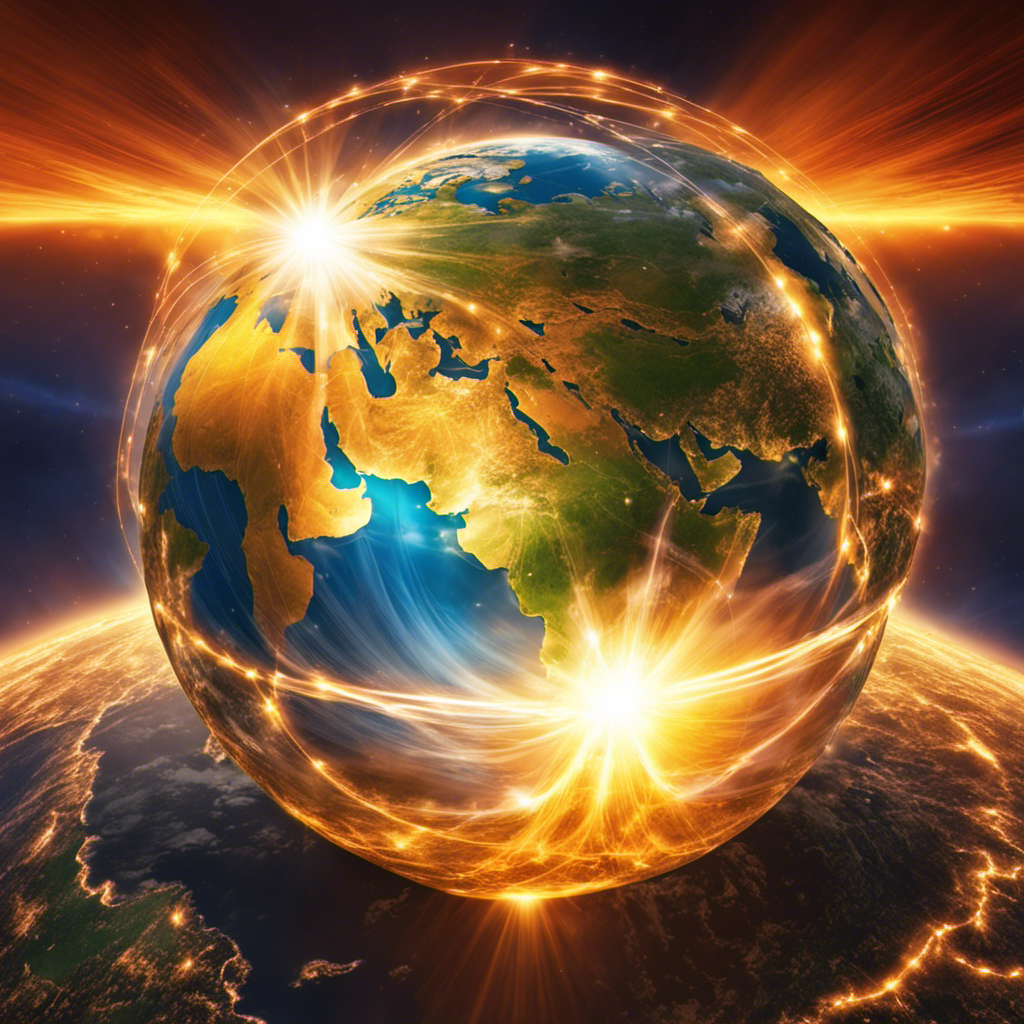 An image showcasing the Earth as a radiant globe, with vibrant sun rays penetrating the atmosphere from all directions