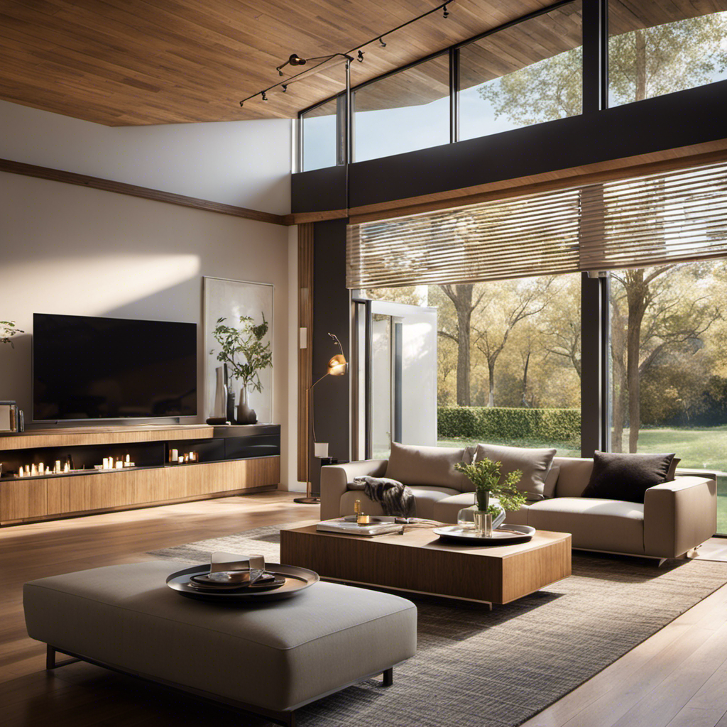 An image of a cozy living room, bathed in warm natural light streaming through well-insulated windows
