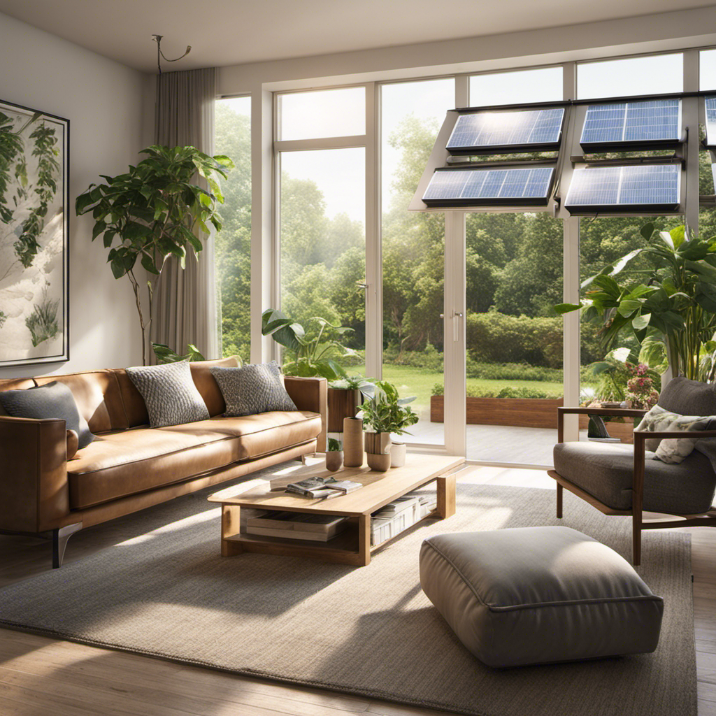 An image showcasing a cozy, well-lit living room flooded with natural light, adorned with energy-efficient appliances, plants purifying the air, and a solar panel outside, symbolizing the financial, health, and environmental advantages of energy-efficient homes