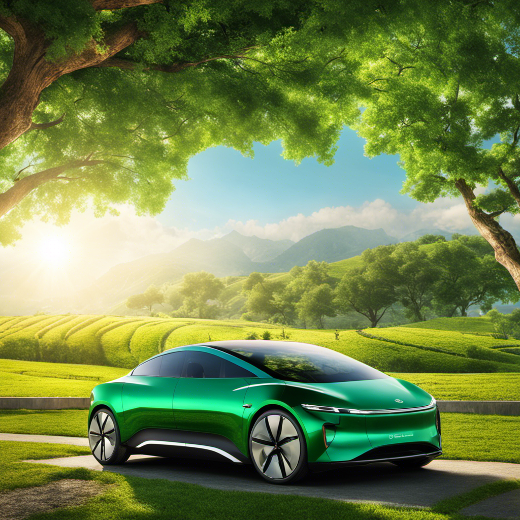 An image showcasing a vibrant green landscape with a sleek electric car parked under a radiant sun