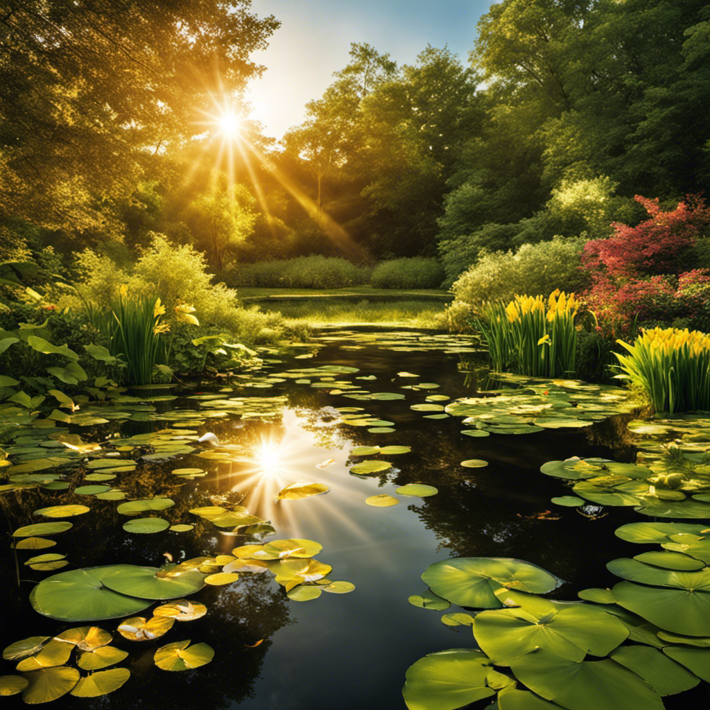 An image showcasing a serene pond, bathed in golden sunlight, with a solar-powered aerator gently agitating the crystal-clear water