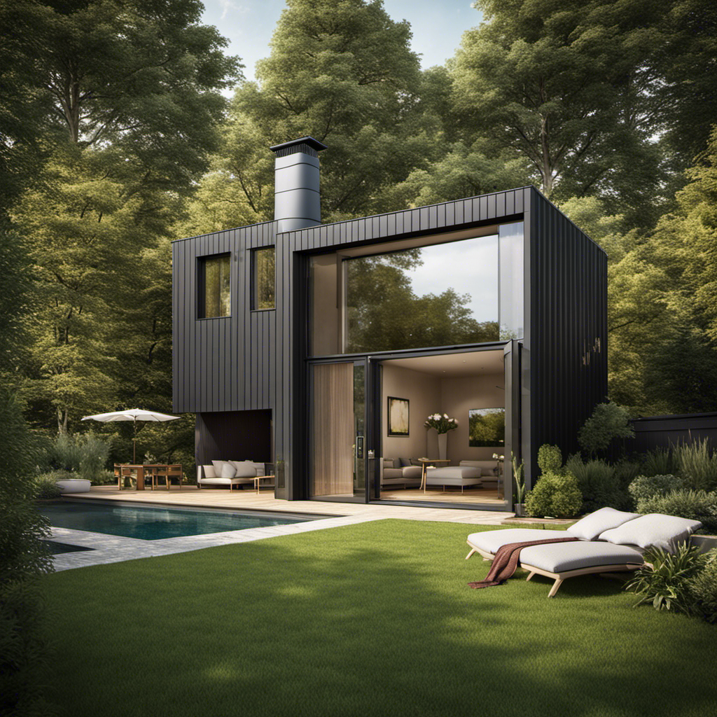 An image showcasing a modern house with a biomass boiler discreetly integrated into the landscape