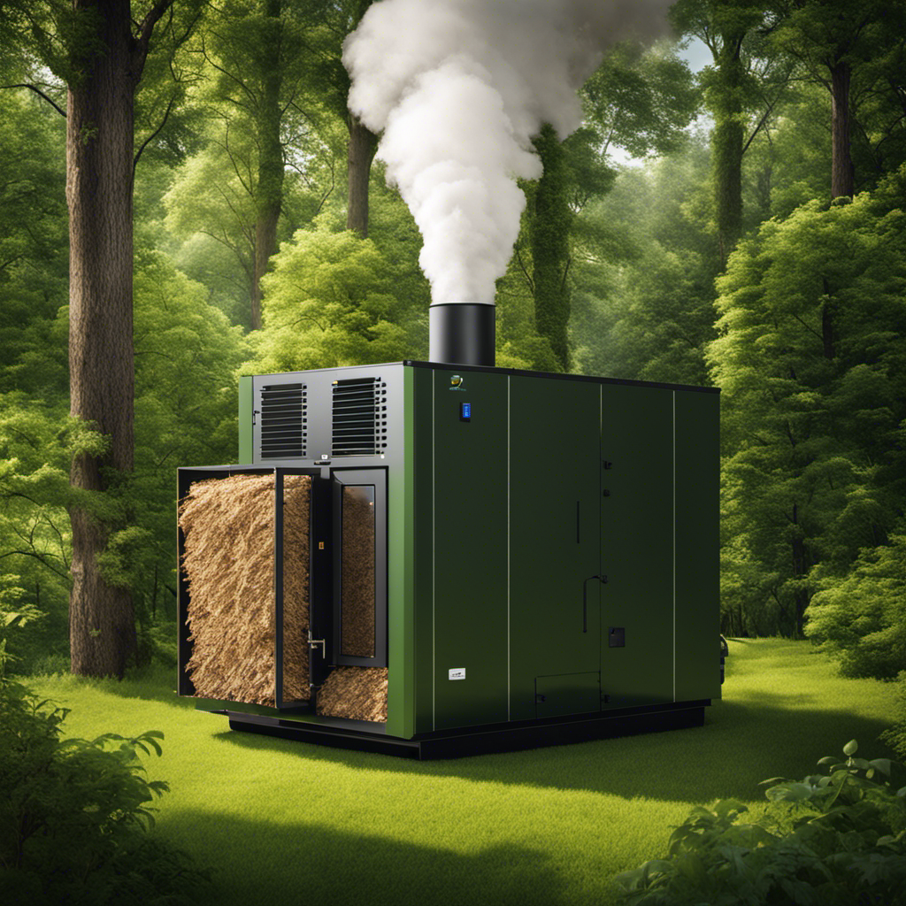 An image showcasing a modern, eco-friendly biomass boiler in action, converting organic waste like wood chips, agricultural residues, and straw into clean electricity, with billowing smoke and a backdrop of lush greenery