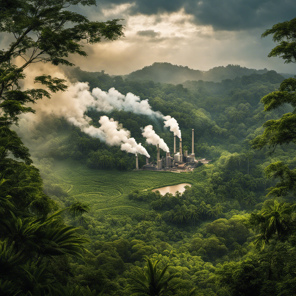 An image showcasing the stark contrast between a lush, biodiverse rainforest and a barren, deforested landscape