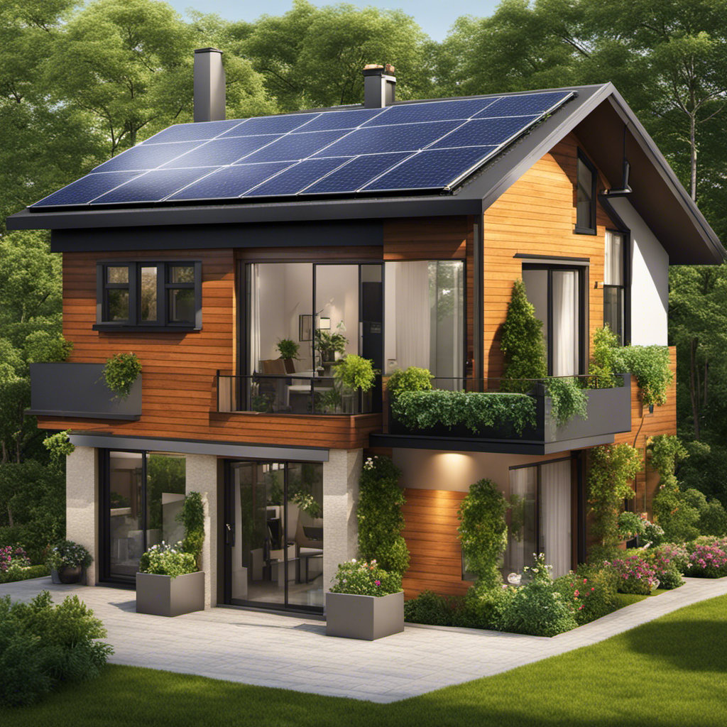 An image showcasing a cozy, energy-efficient home with solar panels on the roof, double-glazed windows, smart thermostats, LED light bulbs, and lush greenery surrounding it, emphasizing the benefits and savings of boosting home energy efficiency