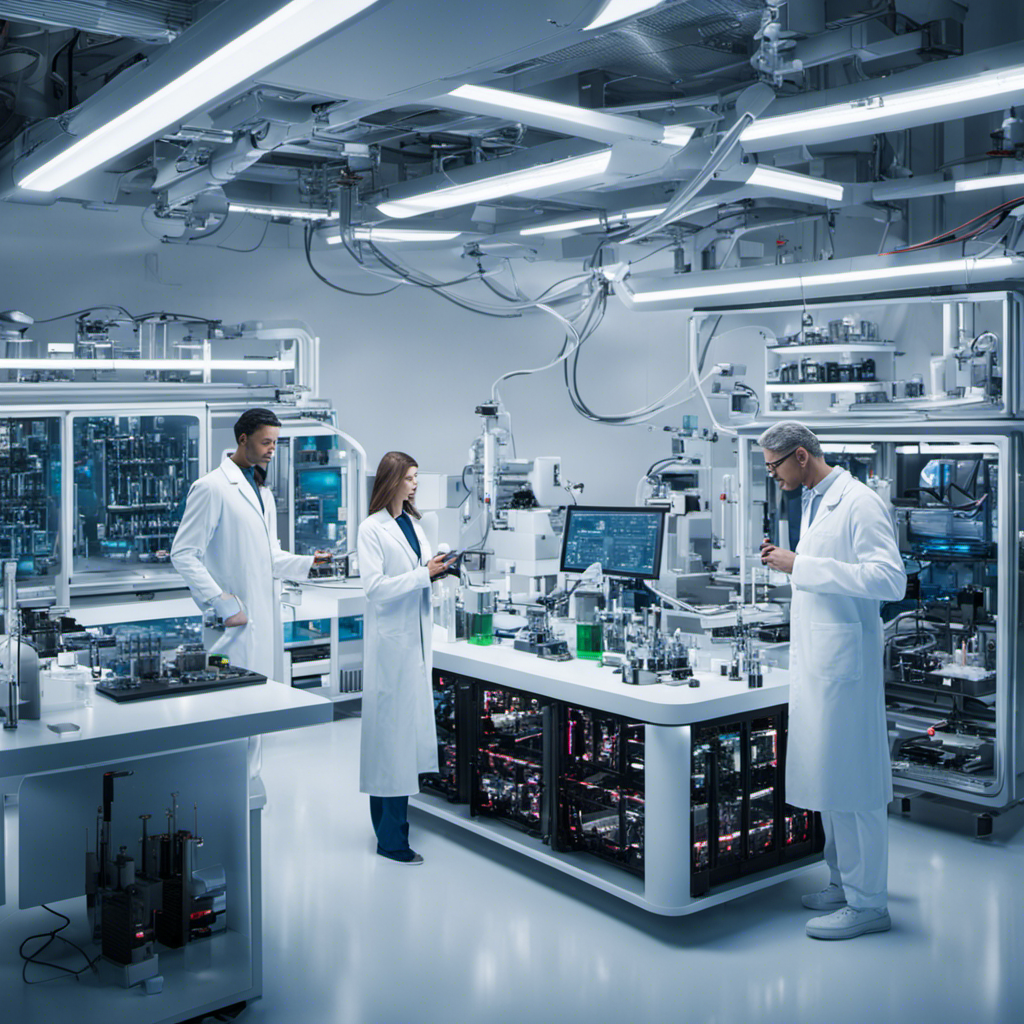 An image showcasing a futuristic laboratory scene with scientists in white lab coats, surrounded by cutting-edge energy storage devices like solid-state batteries, flow batteries, and supercapacitors