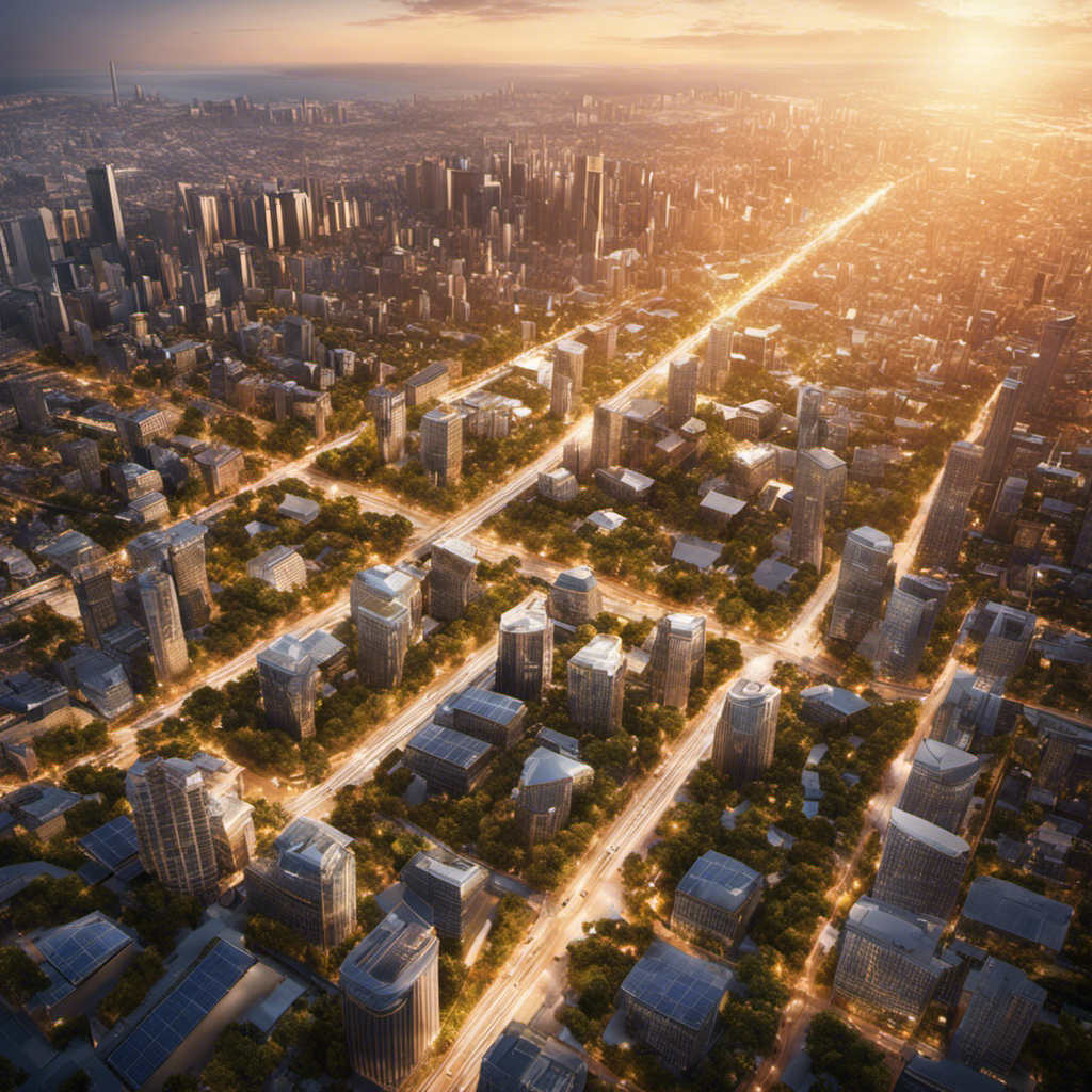 An image showcasing a bustling cityscape bathed in warm sunlight