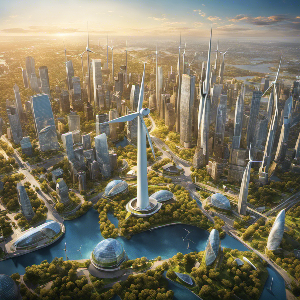 An image of a bustling metropolis with wind turbines and solar panels seamlessly integrated into its architecture
