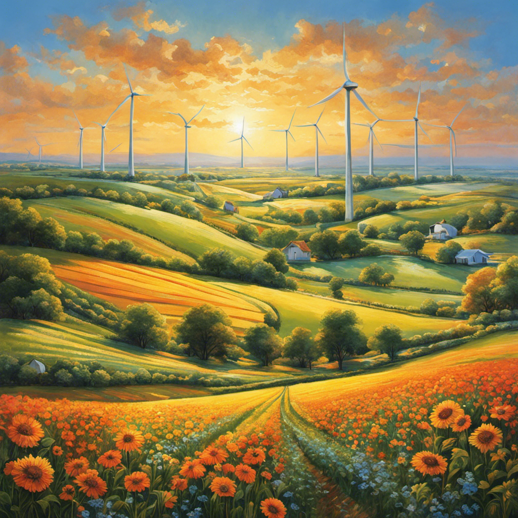 An image depicting a vibrant, sun-soaked landscape of Country X, adorned with towering wind turbines gracefully harnessing the wind's energy, alongside sprawling solar farms glistening under the clear blue sky