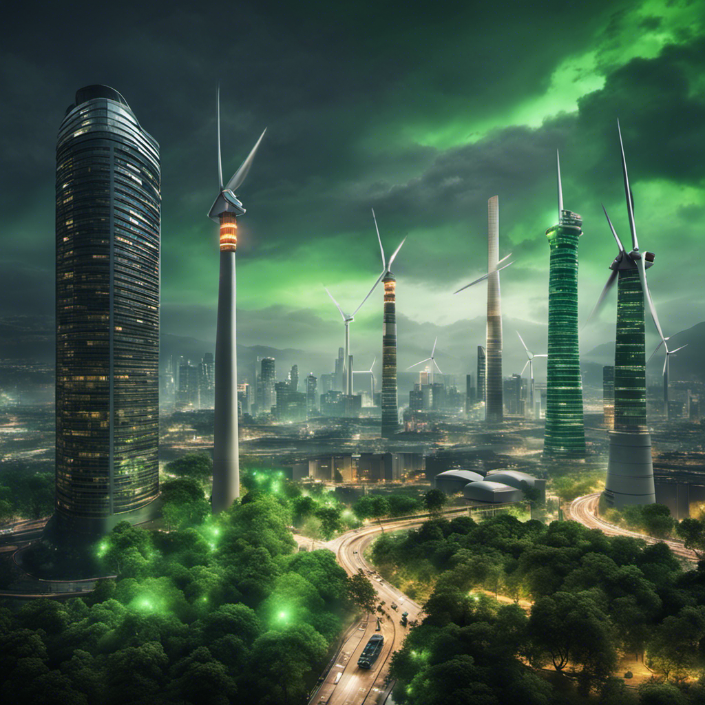 An image of a bustling city skyline, with a mix of traditional power plants and towering wind turbines