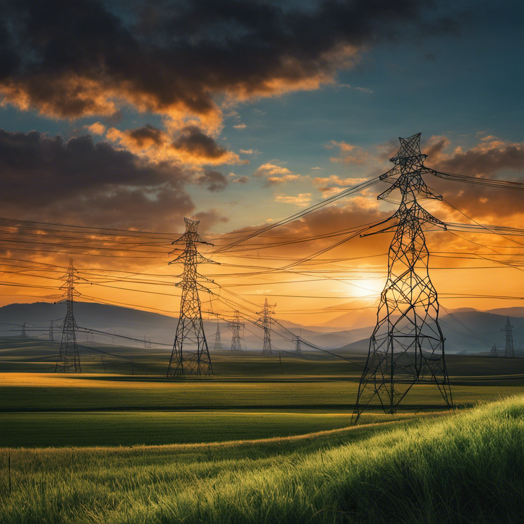 An image showcasing a tangled web of interconnected power lines stretching across a landscape, symbolizing the complex challenges faced in implementing renewable energy legislation and policies