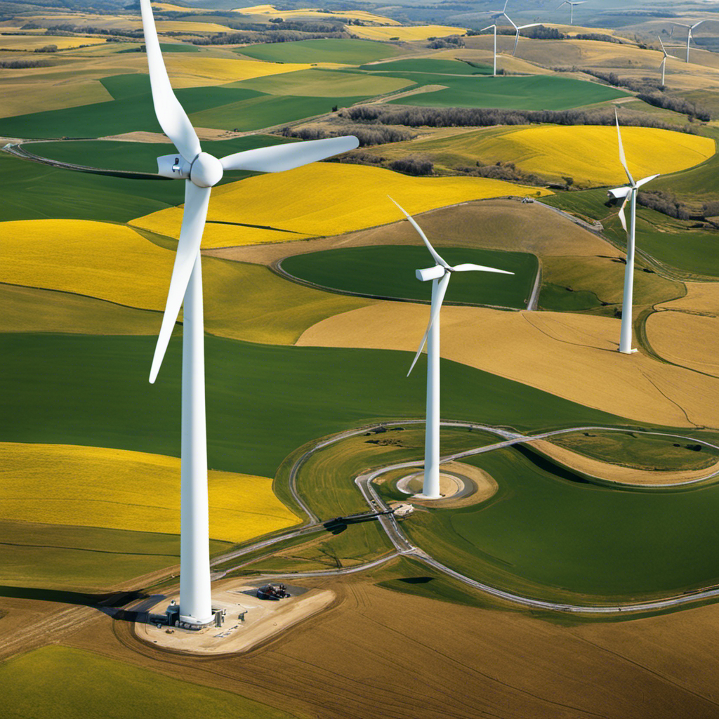 An image that captures the daunting process of setting up wind energy infrastructure, depicting engineers battling fierce winds atop towering wind turbines, surrounded by construction equipment and a vast expanse of open fields