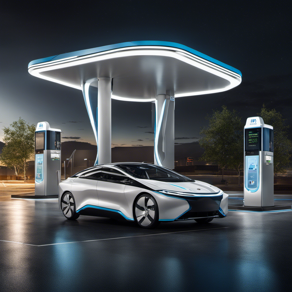 An image showcasing a hydrogen fuel station, with a sleek hydrogen fuel cell vehicle refueling, highlighting the challenges of cost, safety, emissions, and infrastructure in a visually captivating way