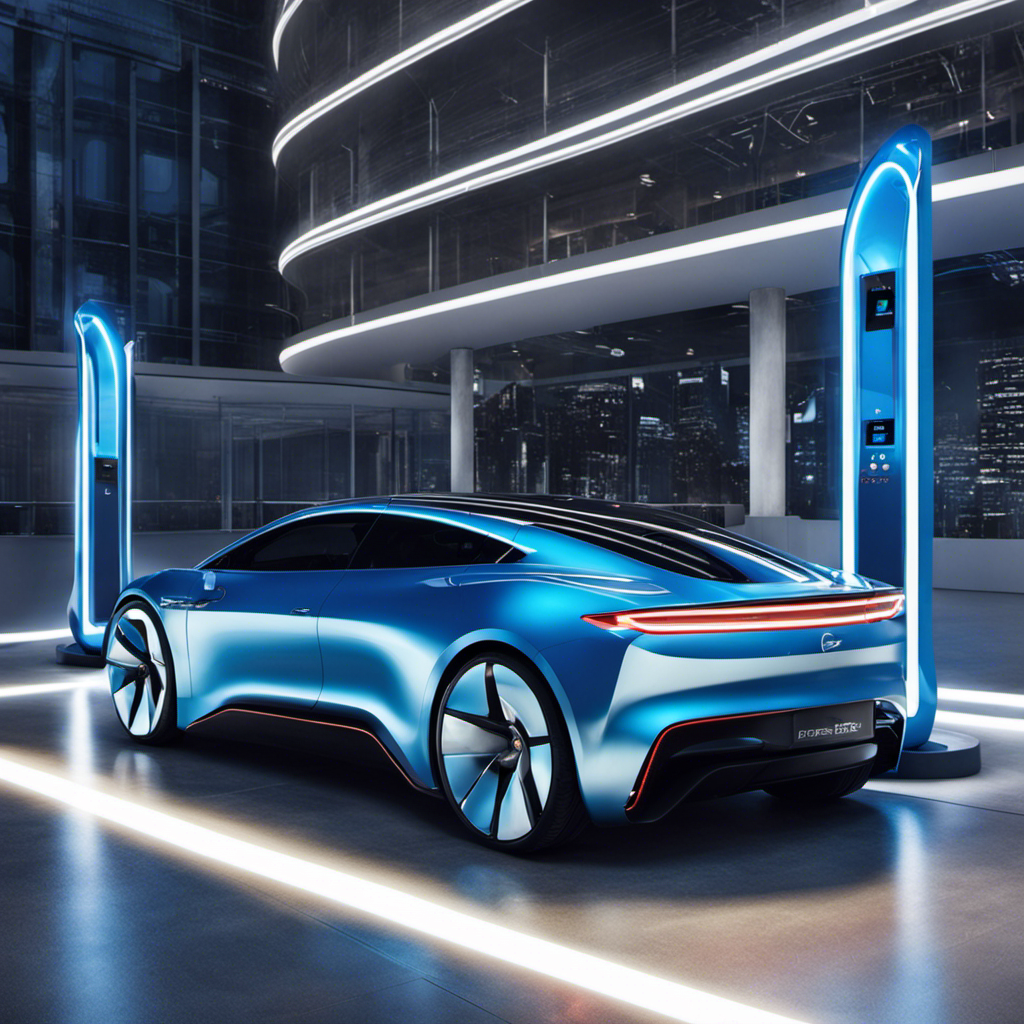 An image showcasing an electric vehicle parked at a sleek, futuristic charging station