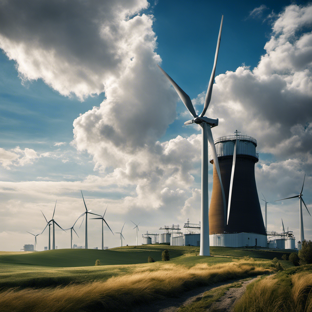An image showing a serene landscape with a wind turbine gracefully spinning against a backdrop of blue skies and fluffy white clouds, contrasting with a traditional power plant emitting dark smoke into a polluted cityscape