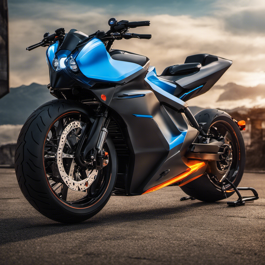 An image showcasing two motorcycles side by side, one sleek electric bike emitting a subtle blue glow, contrasting with a powerful gas motorcycle emitting an orange flame from its exhaust pipe