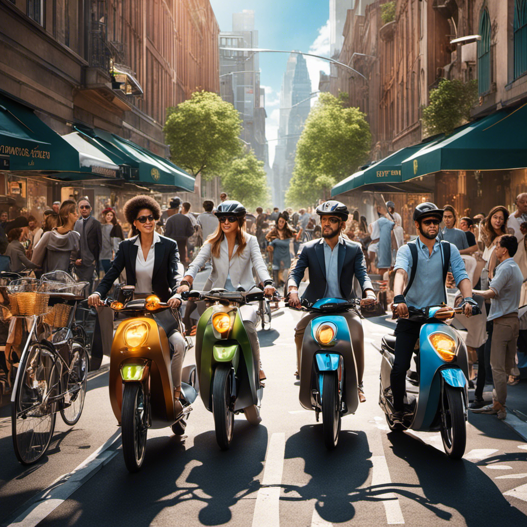 An image showcasing a busy urban street, with a diverse crowd of people effortlessly cruising on electric bikes and scooters, highlighting the convenience and eco-friendly aspects of these vehicles