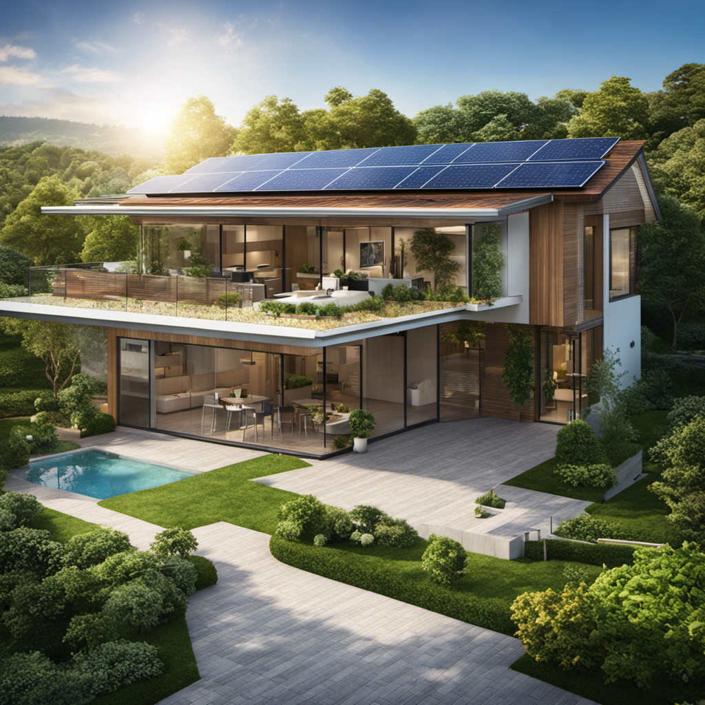 An image showcasing a sunlit rooftop with both photovoltaic and solar panels installed, surrounded by lush greenery