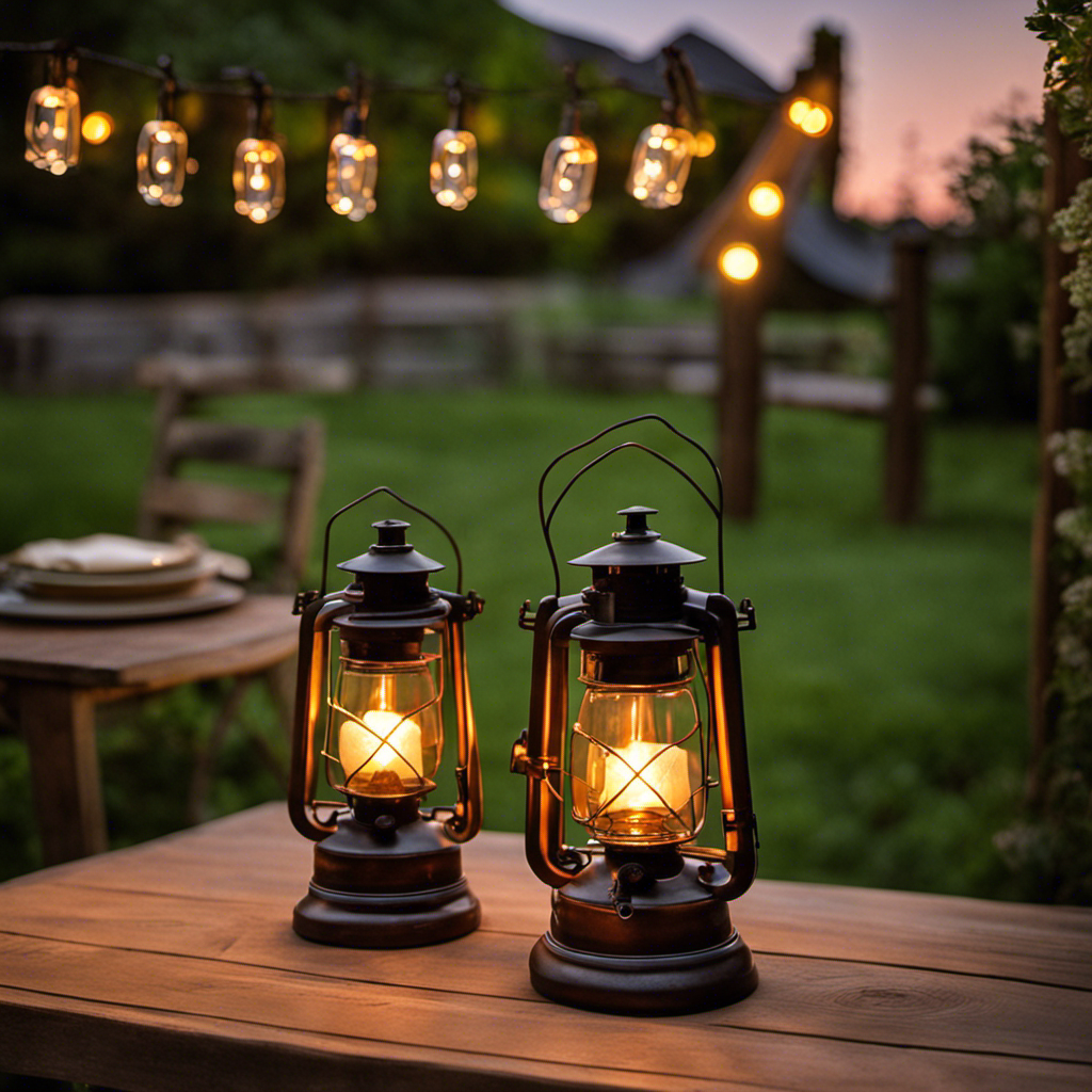 An image showcasing a serene outdoor setting at dusk, with a rustic wooden table adorned with solar and crank lanterns