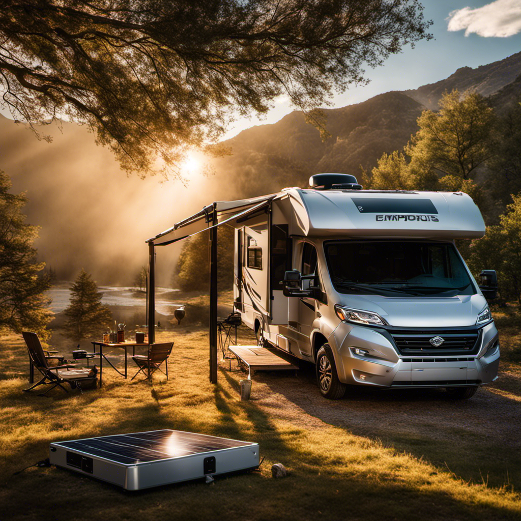 An image showcasing an RV parked in a picturesque camping spot with a solar panel mounted on its roof, surrounded by sunlight